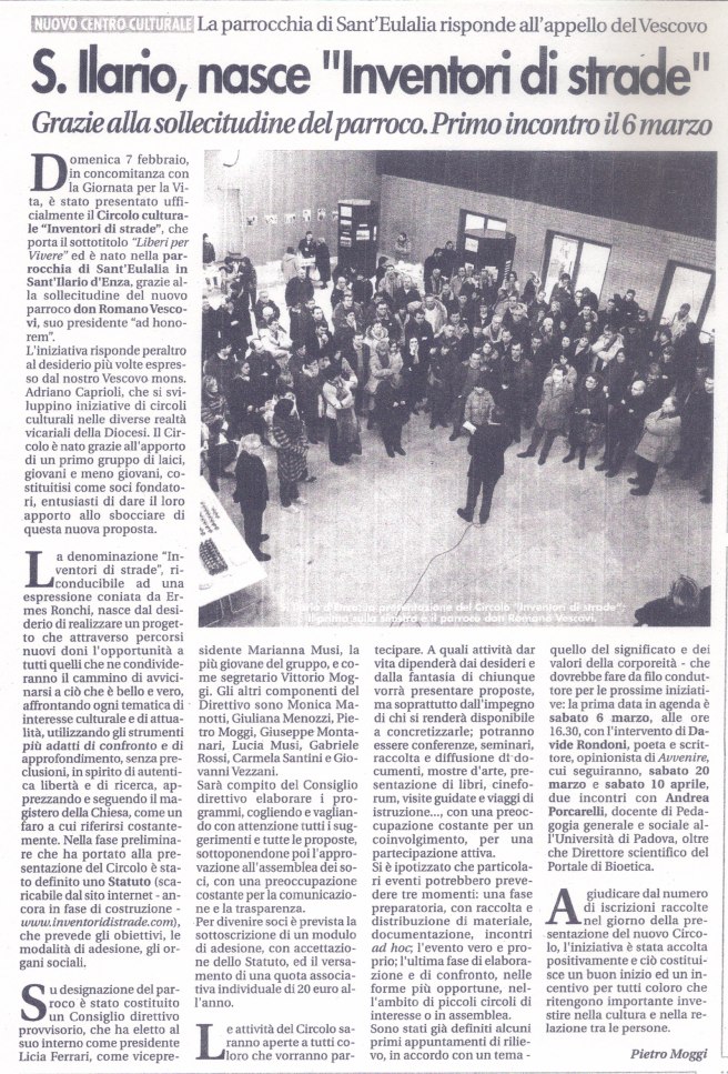 "La libertà" del febbraio 2010 annuncia la nascita di "Inventori di strade"